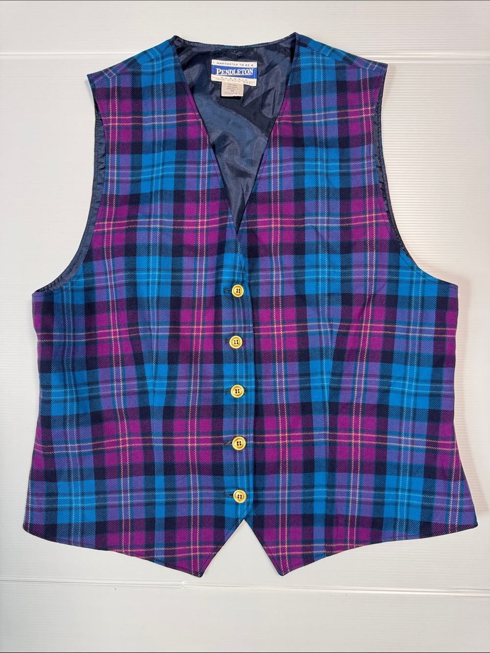 PENDLETON Vintage 100% Pure New Virgin Wool Blue Purple Plaid Vest Made in US 12